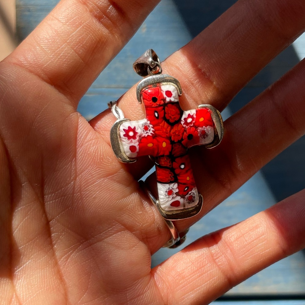 Handmade in Murano, Italy Millefiori glass cross 925 sterling silver pendant - Picture 3 of 16